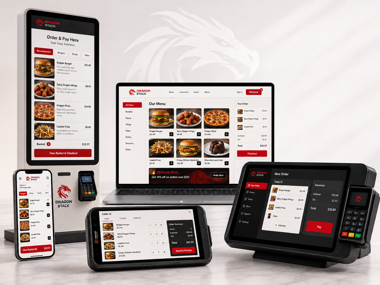 Dragon Stack ordering shown on app, laptop, kiosk, waiter device and POS